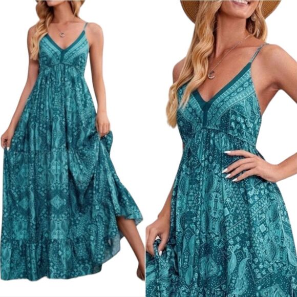 India Boutique Dresses & Skirts - Silk Blend Boho Spagetti Strap Ruffled Maxi Dress